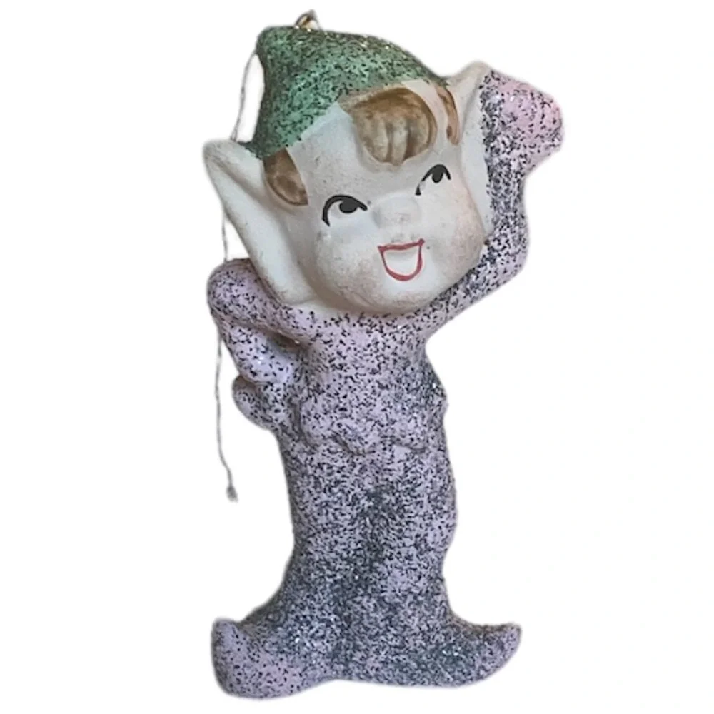 Vintage Christmas Ornament Pixie Elf Antique Japan Pink Mica Glitter 40’s 50’s